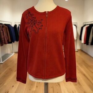 Northern Reflections Red Zip Cardigan Embroidered Floral Detail Size M